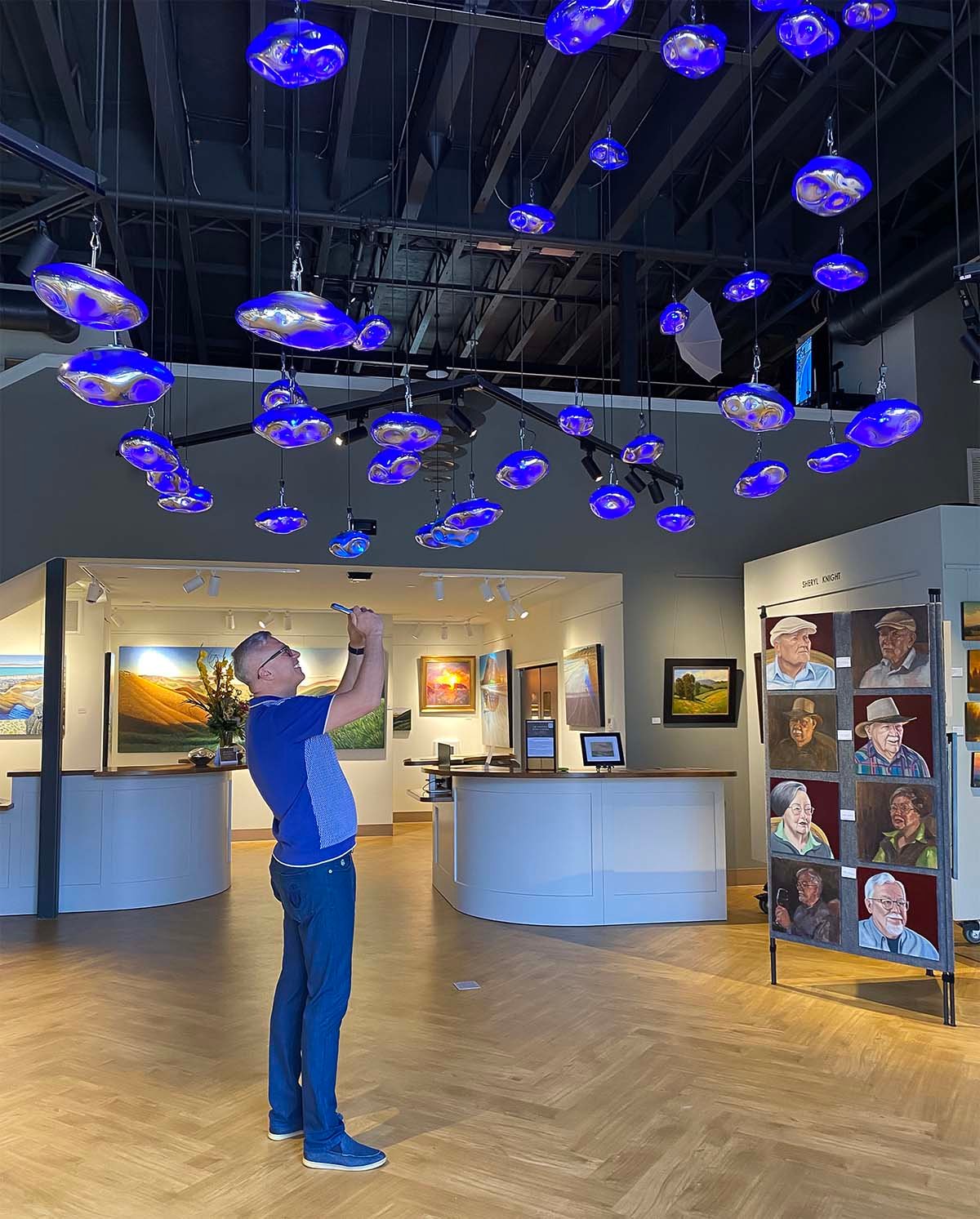 A suspended kinetic art installation by SKYFORM STUDIO at Gallery Arroyo Grande in California