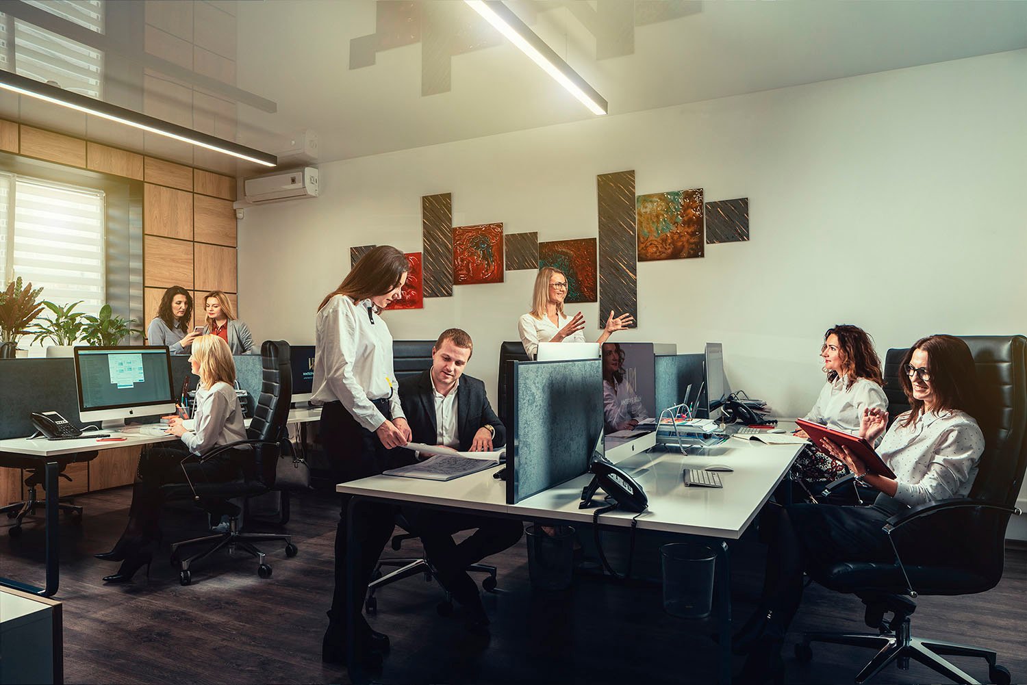 Professional team at SKYFORM STUDIO working on computers and reviewing documents in bright contemporary office.