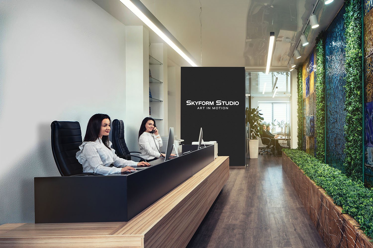 Reception area of SKYFORM STUDIO with two receptionists at modern desks, black wall with company logo, and vertical green wall with decorative panels.
