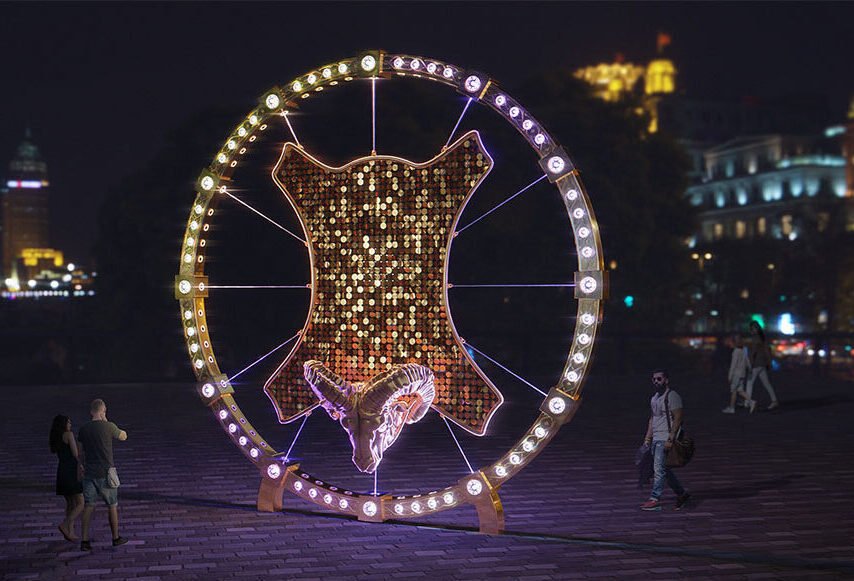 Public art "Golden Fleece" depicts a ram with a golden frame, illuminated by RGB lamps.