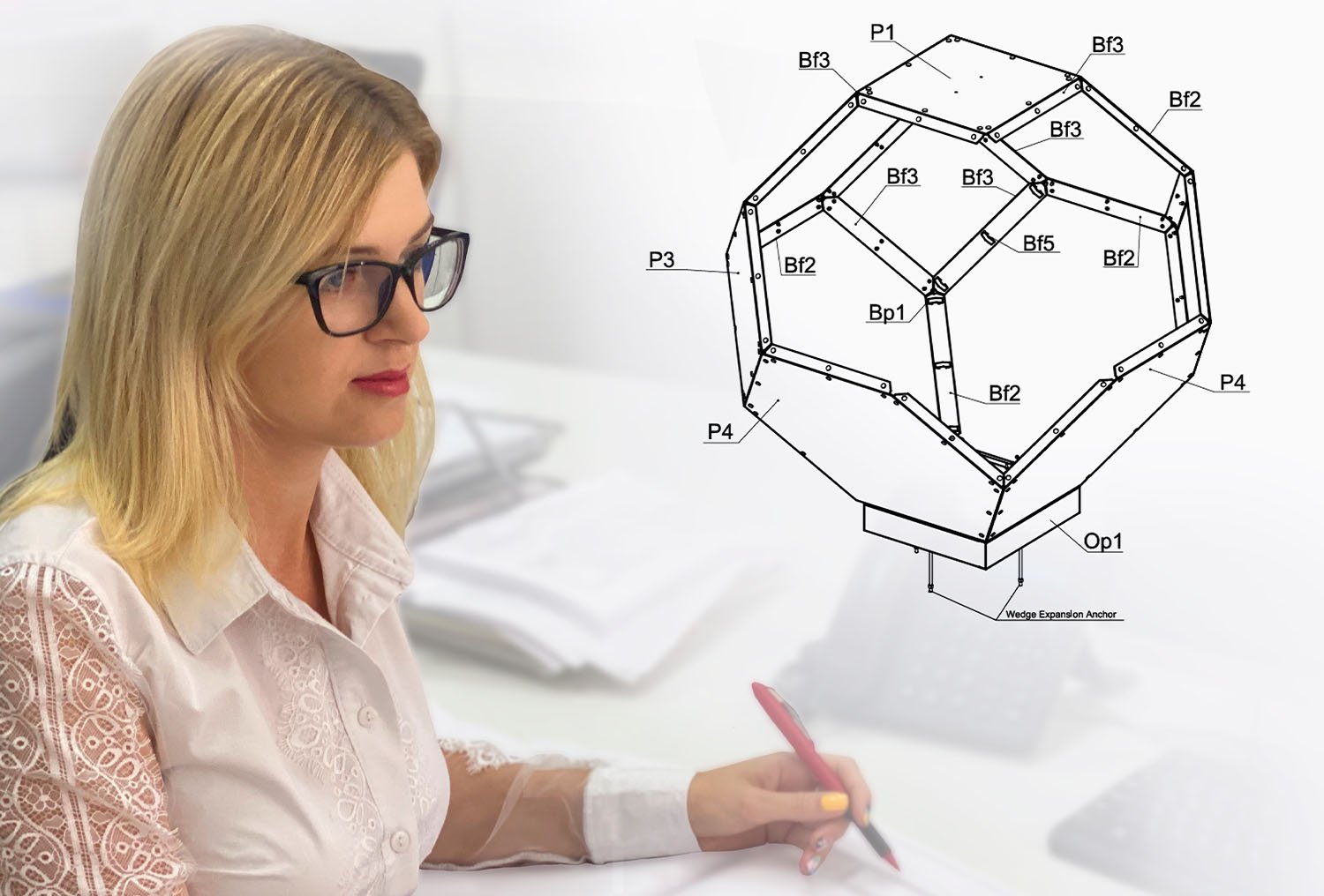 company engineer creates a drawing of a public art structure.