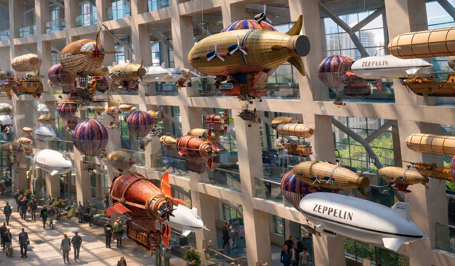 Highly detailed steampunk-inspired ships with propellers and fabric envelopes arranged across multiple levels of the terminal, forming a suspended aerial installation.