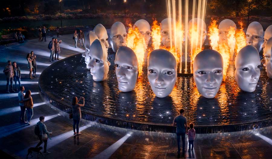 “Symphony of Reflection” night show with rotating faces above water, fire bursts and light beams reflecting on the wet surface around the platform.