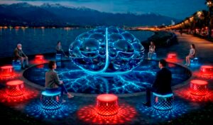 “Global Mind” installation at night — a mirrored brain sculpture illuminated in cool blue stands within a circular basin, surrounded by visitors seated on red and cyan glowing pedestals, creating a symmetrical social space against a waterfront and mountain backdrop.
