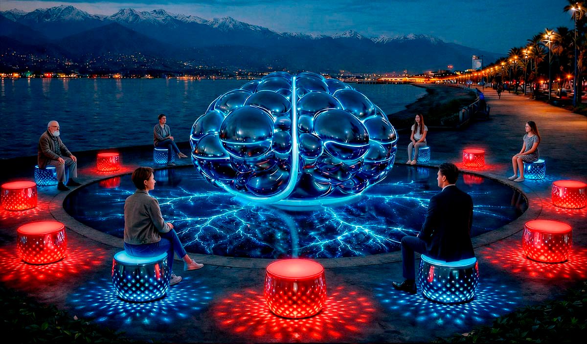 Night-time light installation “Global Mind” — a mirrored brain sculpture illuminated in intense blue stands at the center of a circular basin animated by electric light patterns, surrounded by visitors seated on red and cyan glowing pedestals with a waterfront and mountain skyline in the background.