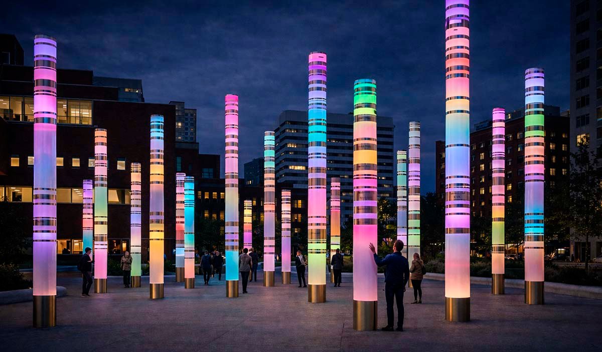 An interactive light installation, "Light of the Centuries," featuring tall cylindrical columns with multicolored illumination, is installed in a city square among modern buildings, where visitors interact with the elements in the evening.