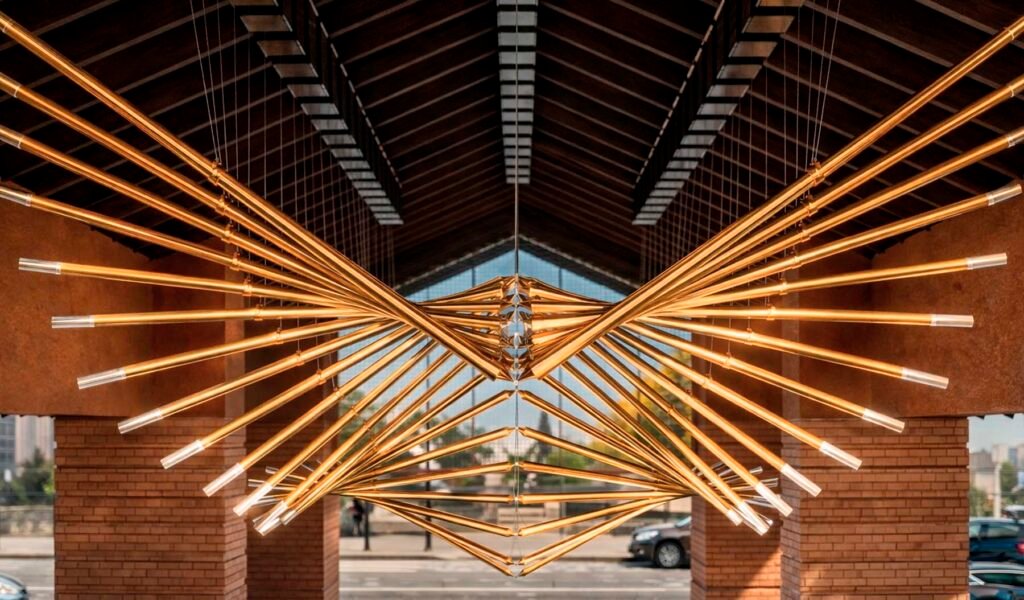 An art installation in the form of a golden sail on the water—a sculpture featuring a mosaic reflective surface and a metal boat hull, gently shimmering in natural light against the backdrop of the lake’s calm surface.