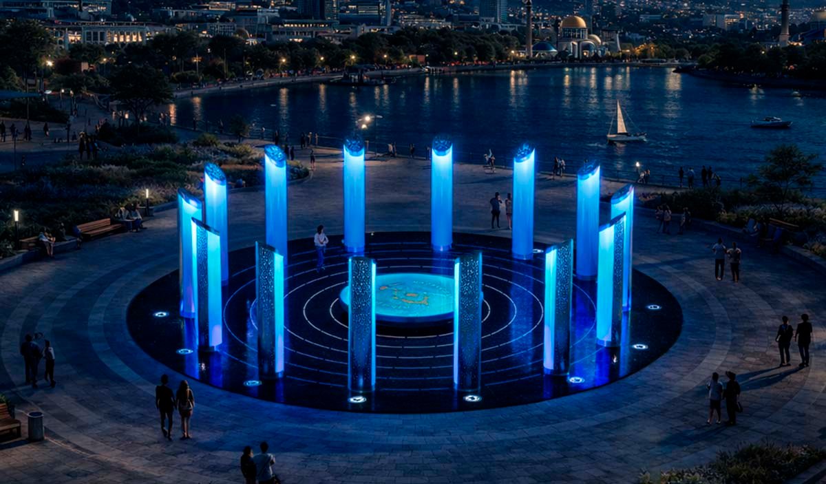 "Wealth of the Nation. Contemporary" is a circular interactive light installation of 14 illuminated columns arranged in a circle around a central podium with a map of Kazakhstan, featuring an evening embankment by the water, blue lighting, and people surrounding the space.