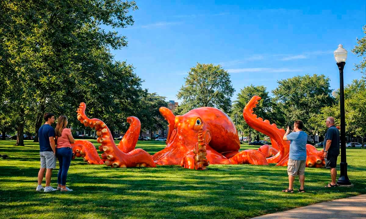 A giant public art piece in the shape of an octopus stands on a green lawn in a city park; visitors stand around and take photos, against a backdrop of trees and residential buildings on a sunny day.