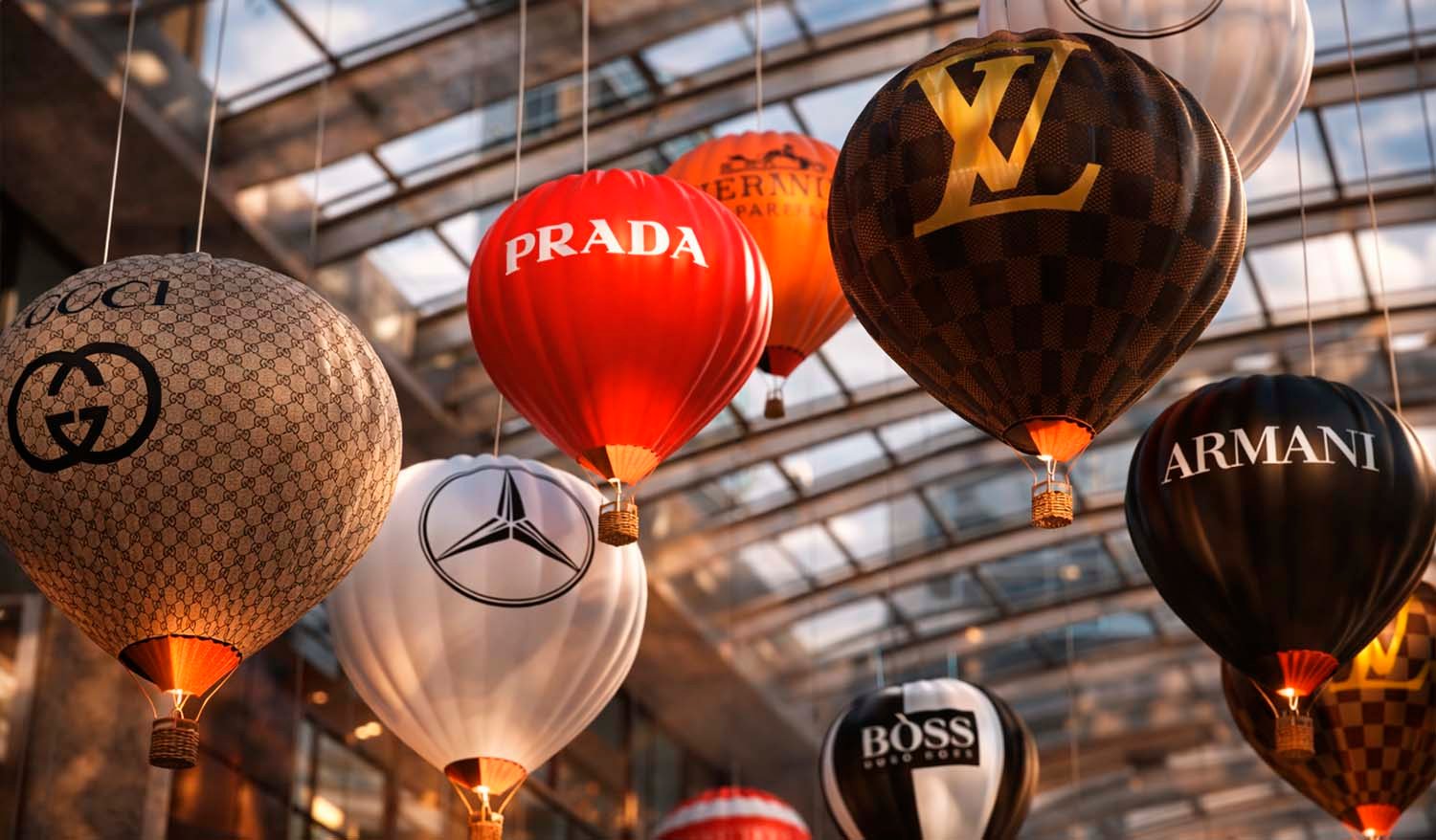Кинетическая инсталляция «Shopping Vortex» — композиция из брендированных воздушных шаров Prada, Louis Vuitton, Gucci, Armani, Boss и Mercedes под стеклянным куполом, создающей эффект роскошного вихря покупок.