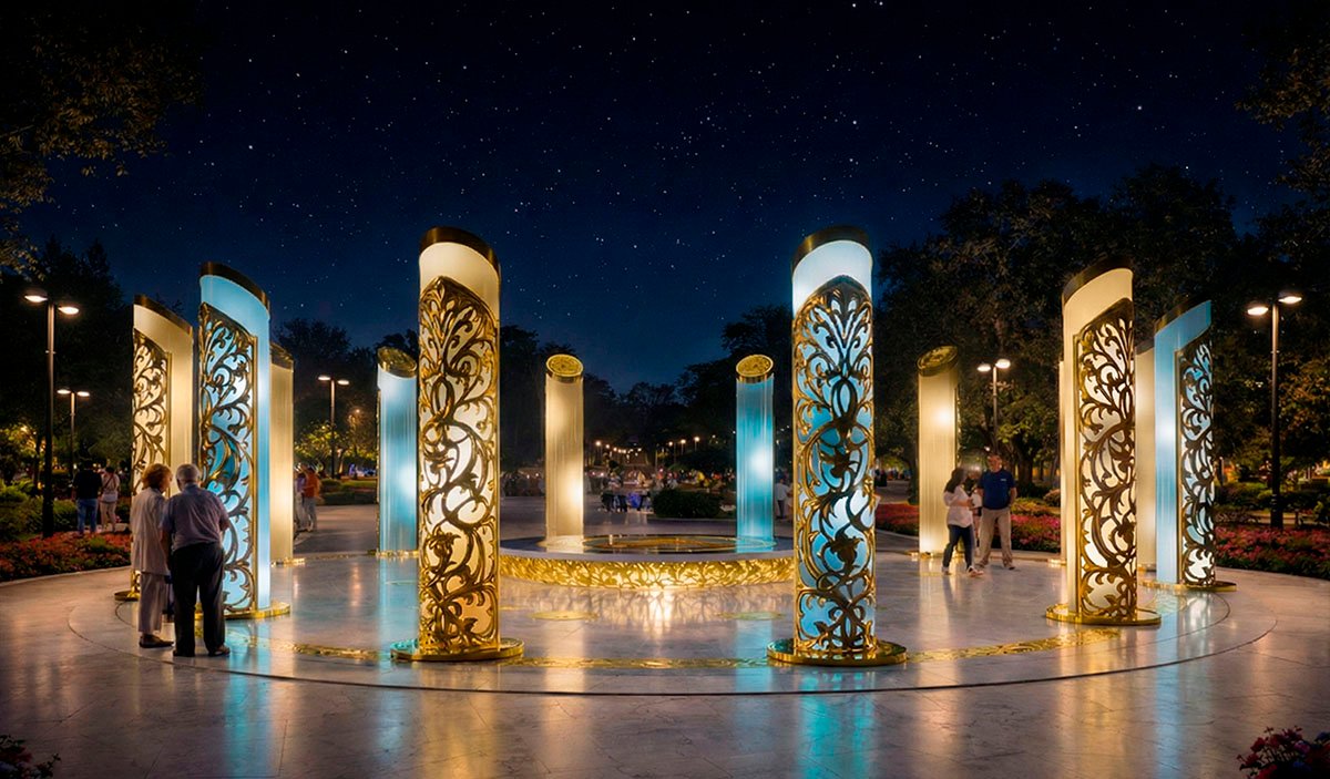 An interactive installation, "Wealth of the Nation," featuring decorative columns with gold ornamentation and soft blue lighting, arranged in a circle around the city square where visitors stroll in the evening park under the starry sky.