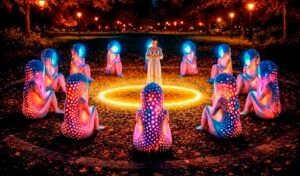 The interactive installation “Prayer of Love” in an evening park features a person standing at the center of a glowing circle, surrounded by 11 faceless mother-guardian figures with dynamic LED lighting. Light, color, and atmosphere create an immersive ritual — the space responds to presence, transforming public art into a personal experience of acceptance, care, and blessing.