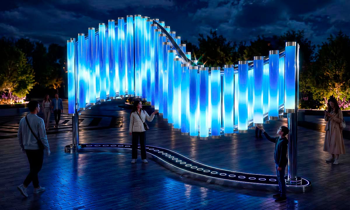 Interactive light installation “Magic Streams” — a spatial wave composed of vertical illuminated cylinders in cool blue tones, creating the effect of flowing light; through visitor interaction, the illumination intensifies and propagates along the composition, generating a sense of motion and depth within the evening urban environment.
