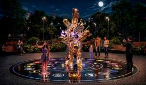 Interactive art installation “Orchestra” composed of illuminated musical instruments, installed on a circular площадке, where visitors interact with the object in an evening park.