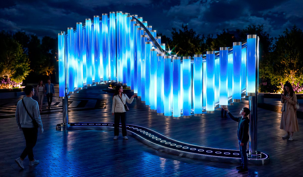 Interactive light installation “Magic Flows” in the form of a wave made of vertical glowing cylinders mounted on a metal structure in an urban square, with visitors in the evening.