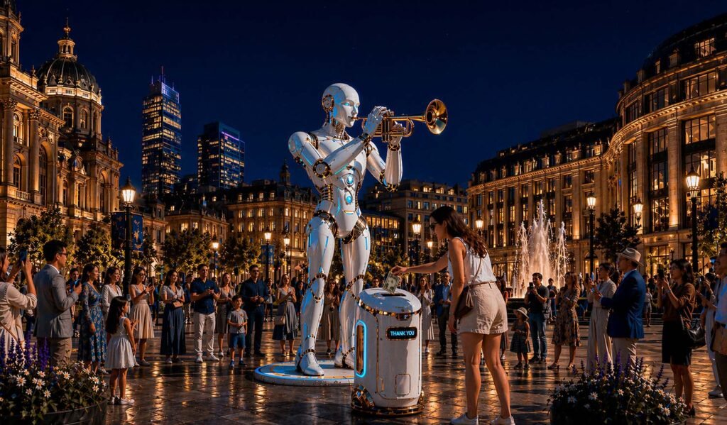 A robot with lights plays the trumpet in the evening before a crowd of people in the town square.