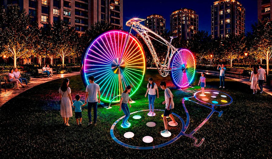 A bicycle with lights and children playing around it in the evening in the courtyard of a residential building
