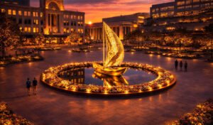 a sailboat made of golden metal in the city square at sunset