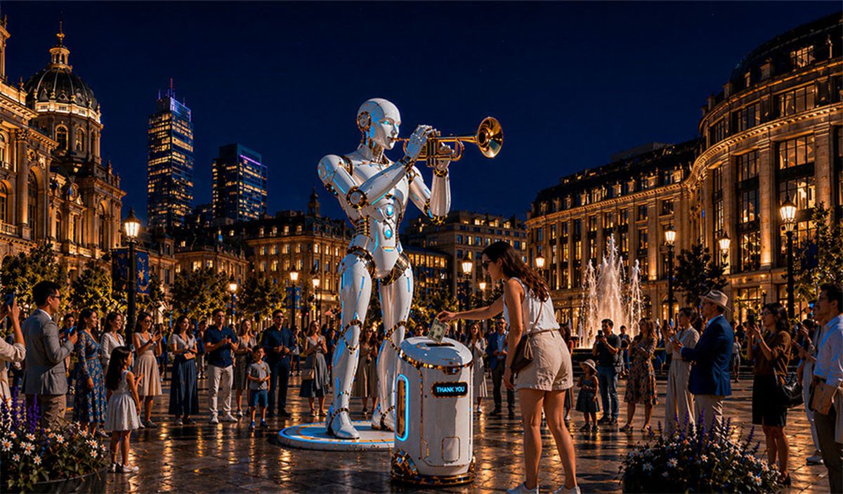 A robot plays the trumpet in the evening in a large square with a crowd of people