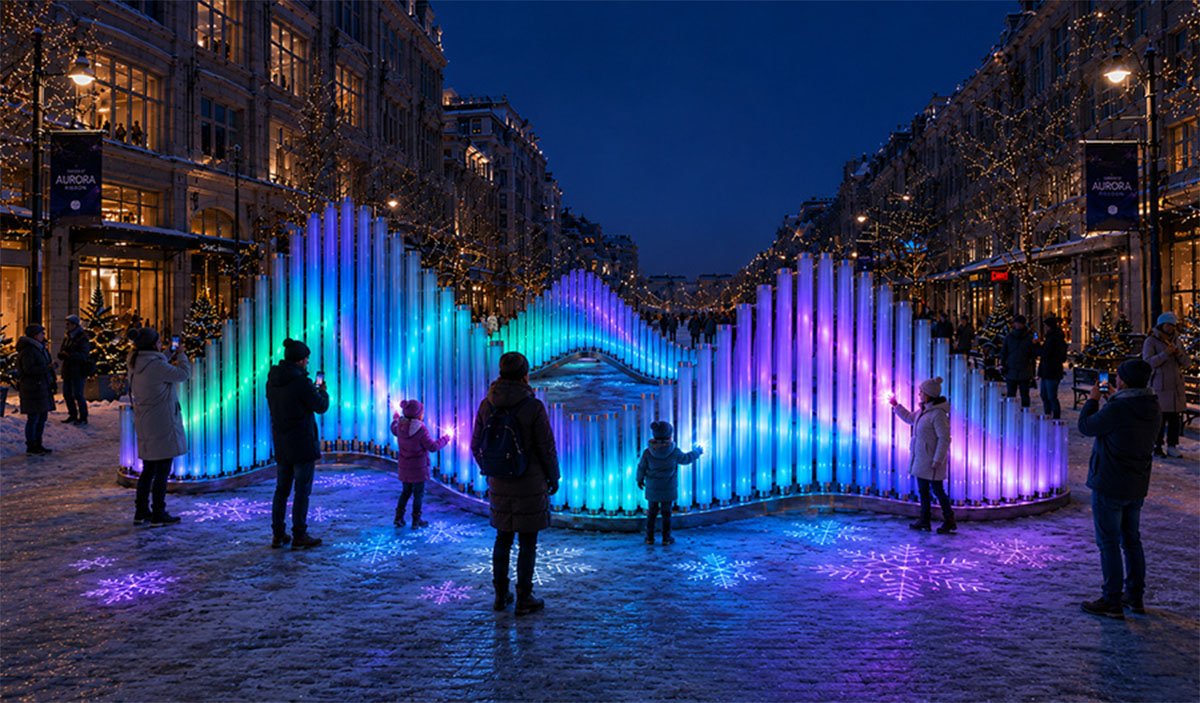 An art installation made of pipes glows like a wave in the evening, and there are people around.