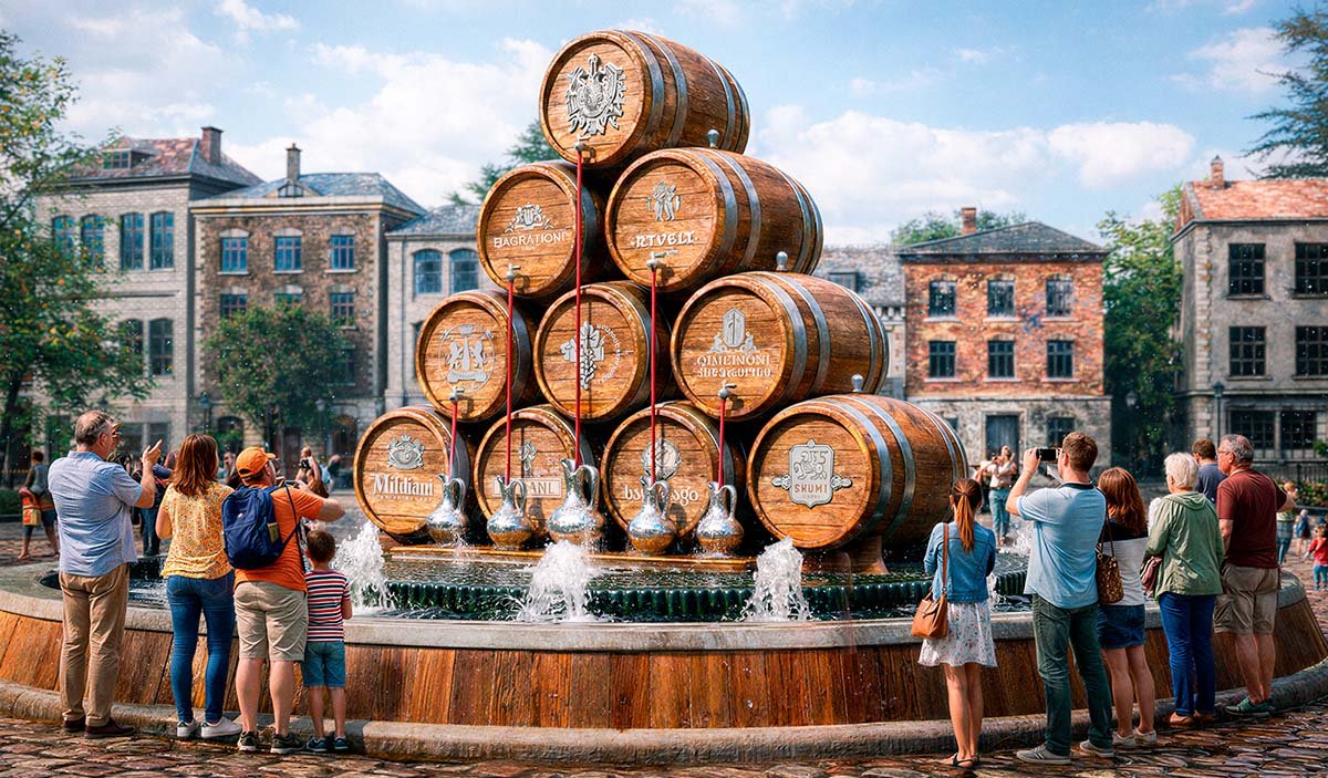 Public art featuring a fountain in the shape of wine barrels in the city square during the day