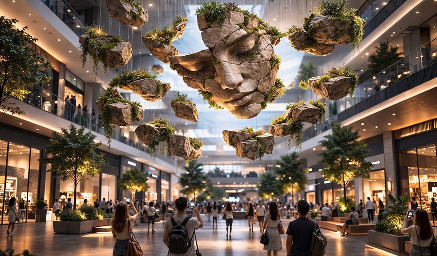 A kinetic art installation featuring flying stones in a shopping mall