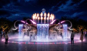 An illuminated public art installation featuring an elephant-shaped fountain at night.